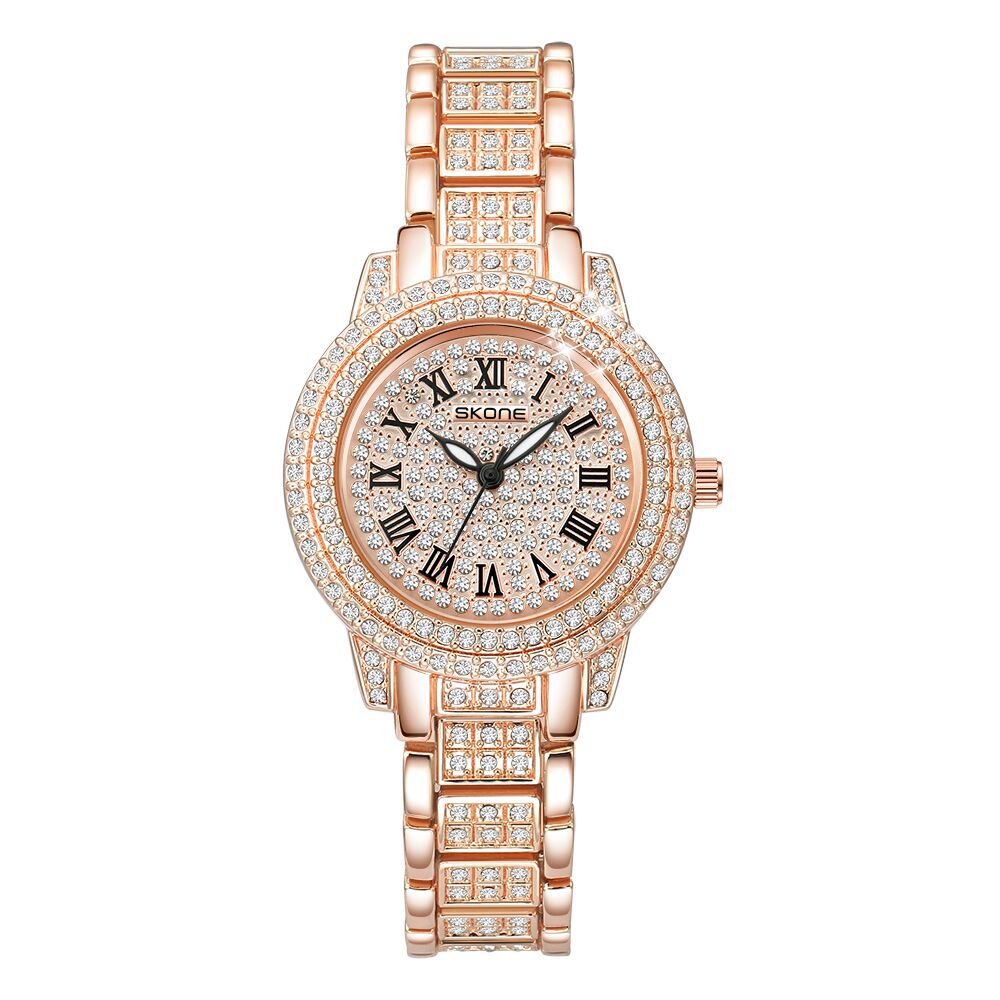 skone/时空镶钻聚宝盆夜光指针石英手表女奢华石英防水女士腕表