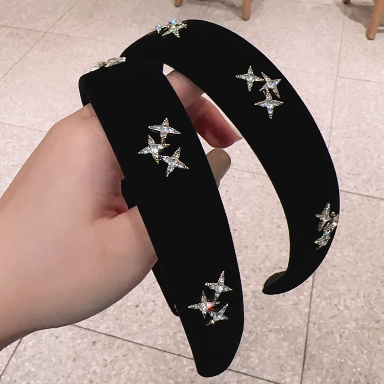 Niche High-Grade Rhinestone Velvet Headband Female Korean Ins High Skull Top Sponge Headband Four Eight-Pointed Stars Vintage Hairpin