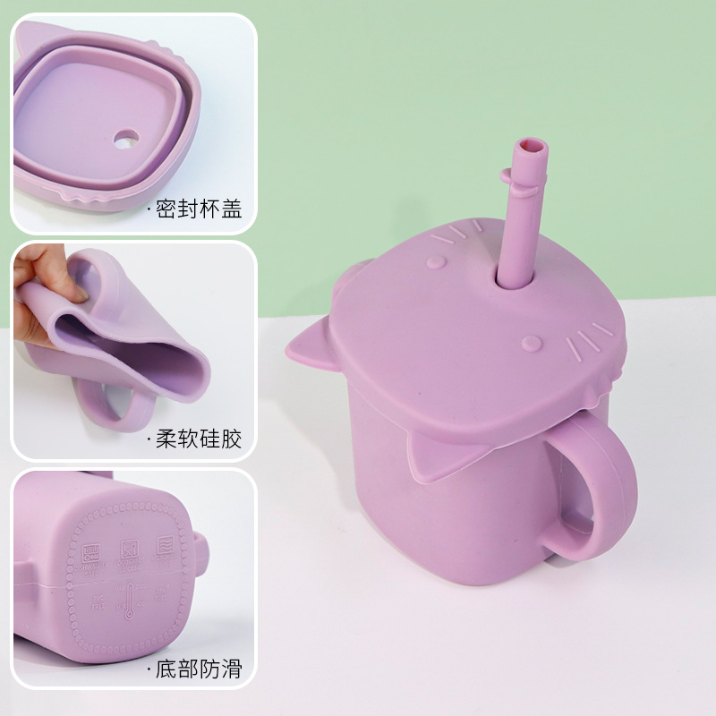 Food Grade Infant Special No-Spill Cup Binaural High Temperature Resistant Drop Resistant Milk Cup Baby Silicone Cup with Straw Wholesale