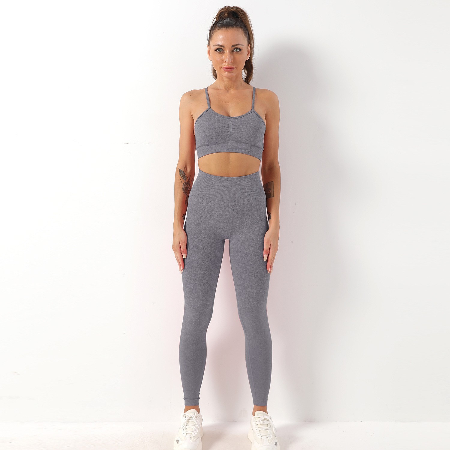 Europe and America Cross Border Quick-Drying Yoga Two-Piece Set Women's Skinny Yoga Clothes Sports Bra High Waist Hip Lift Fitness Trousers Women