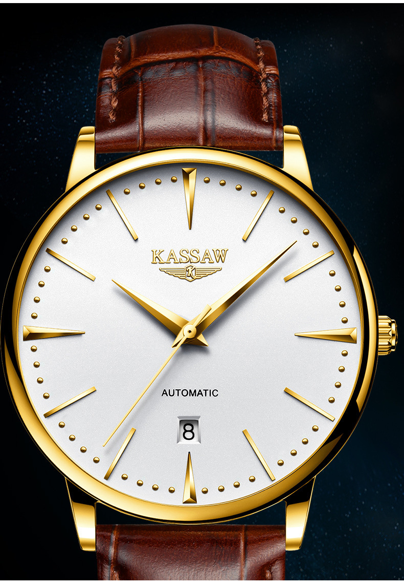 卡梭手表男士超薄简约时尚全自动机械表防水镂空18k金皮带男表