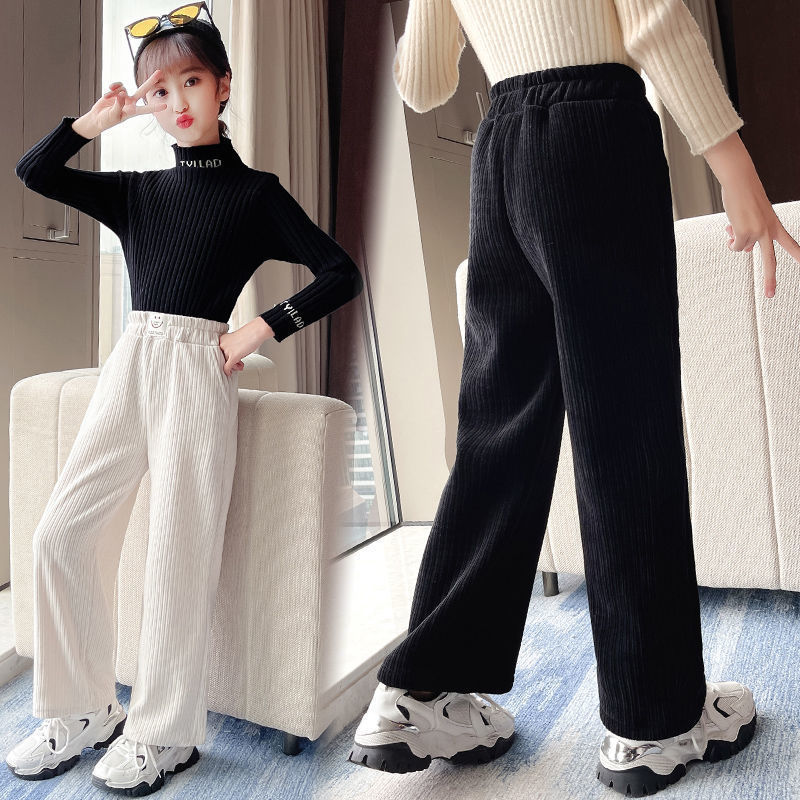 女童裤子春秋2022新款儿童米白色雪尼尔宽松阔腿裤高腰中大童外穿