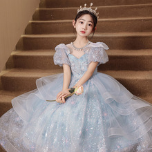 六一儿童节主持人礼服女童夏季蓝色泡泡袖公主钢琴演奏演出服