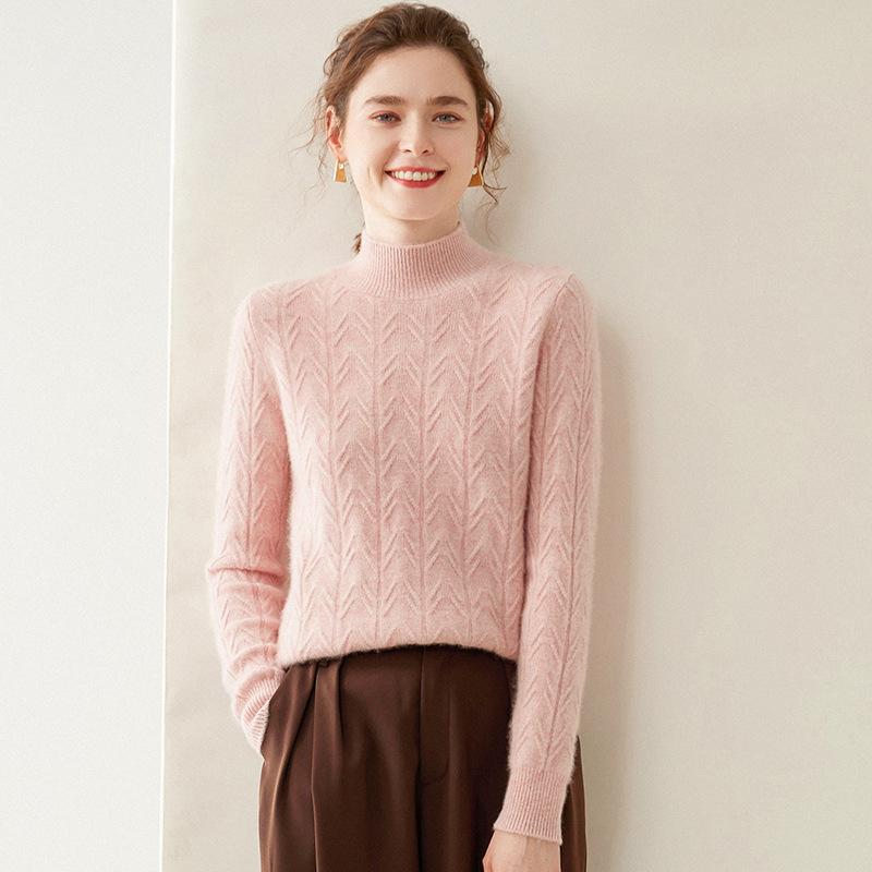 气质半高领山羊绒女双股厚款提花针织保暖套头打底衫毛衣衫-阿里巴巴