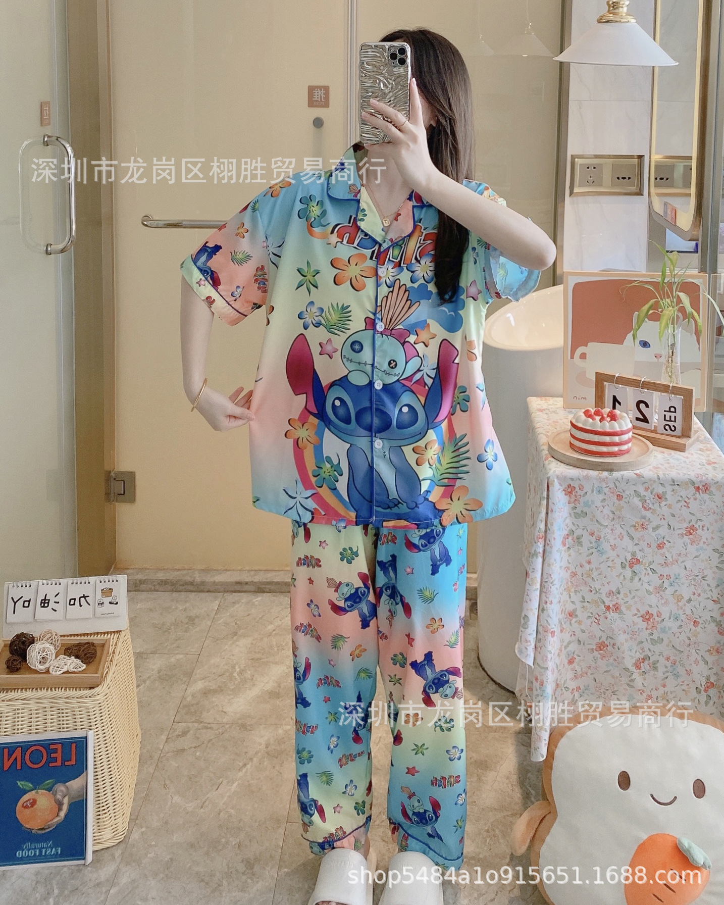 Wholesale Southeast Asia Short-Sleeved Trousers Italy Silk Cardigan Pajamas Women's Suit Cartoon Waal Cotton