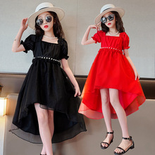 女童夏季连衣裙2023新款夏装洋气黑色泡泡袖燕尾礼服裙女童珍珠裙