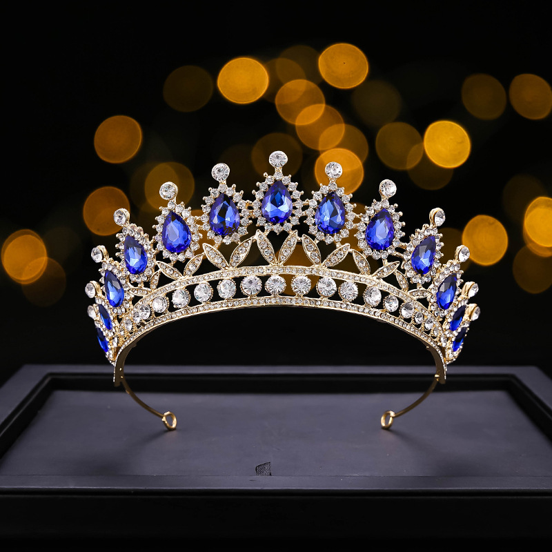 国际站爆款新娘皇冠彩色水滴水钻头饰公主婚礼王冠生日派对发饰