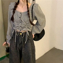 2021秋季新款韩版抽绳方领格子衬衫女设计感短款露肚长袖上衣