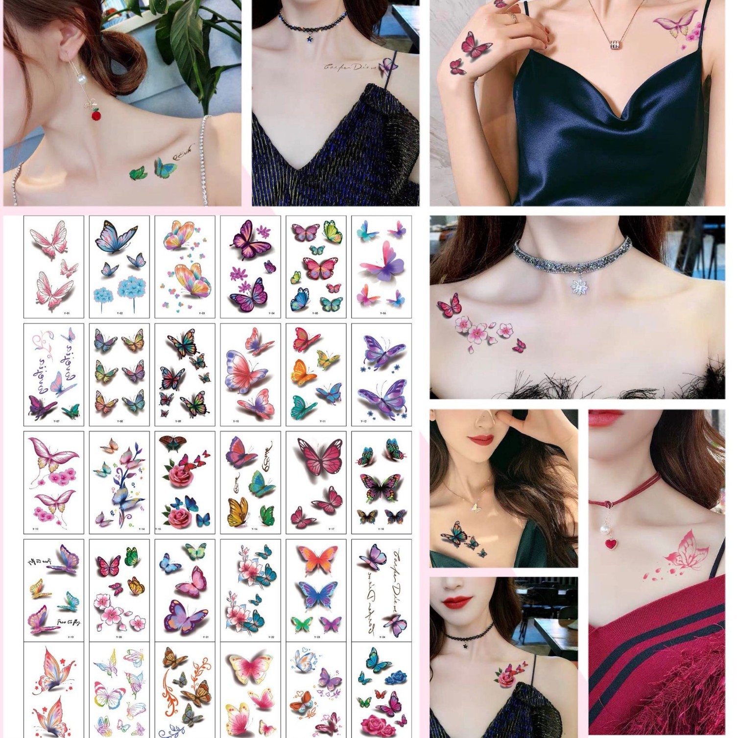 新款3D蝴蝶纹身贴立体花朵个性仿真玫瑰花遮疤纹身贴纸