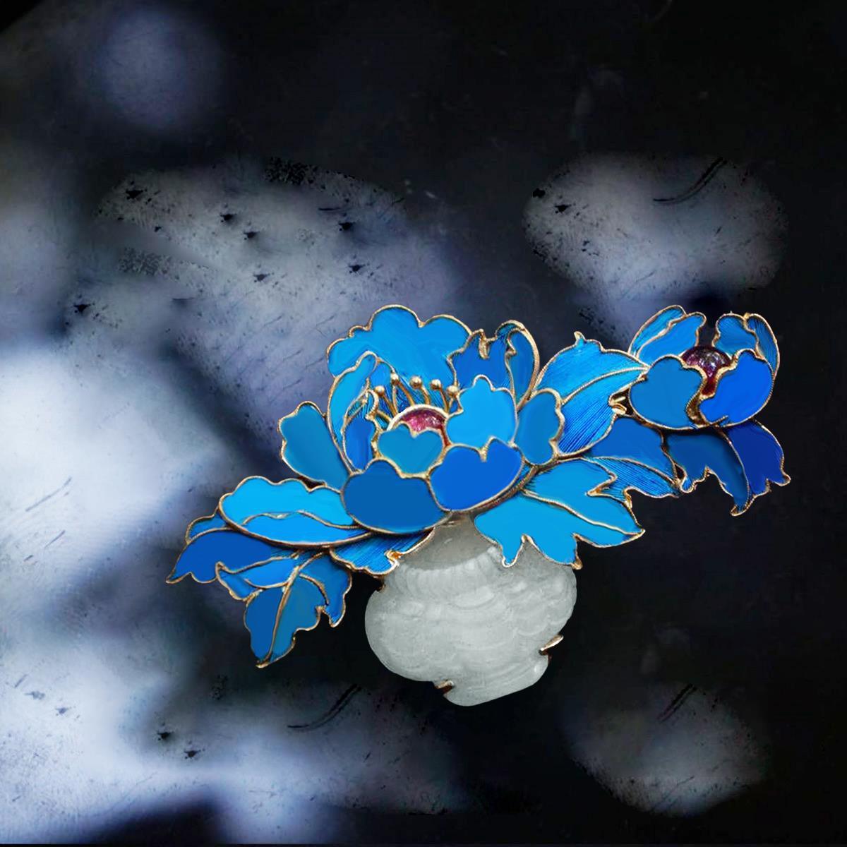 镀金色景泰蓝烧蓝嵌白玉花篮花瓶蓝牡丹胸针复古优雅古风旗袍礼物