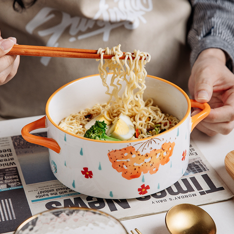 双耳泡面碗带盖陶瓷家用碗大号学生宿舍用日式可爱汤碗面碗猪油罐