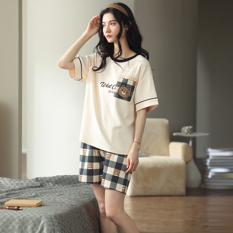 Summer Purified Cotton Pajamas Women's Cute Short Sleeve Thin Two-Piece Suit Korean Fashion Spring and Summer Can Be Outerwear Homewear