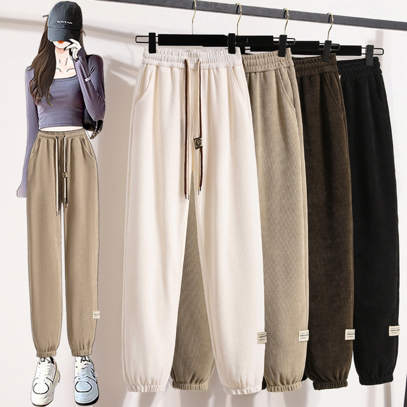 2023 Spring and Autumn New Sports Women Versatile Ankle-Banded Pants Elastic Waistband Slimming Wood Cotton Velvet Casual Harem Outer Wear Trousers