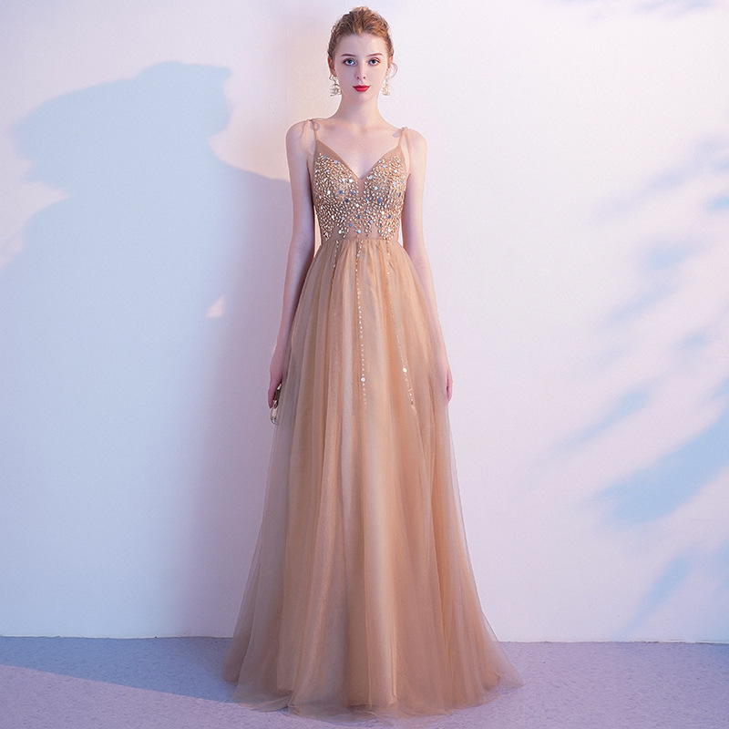 香槟色晚礼服裙女春季超仙气性感吊带气质生日宴会名媛主持人长款