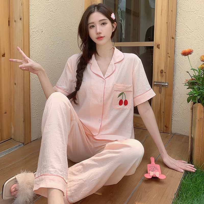 夏季女士睡衣开衫翻领短袖长裤薄款云朵棉简约休闲学生家居服套装