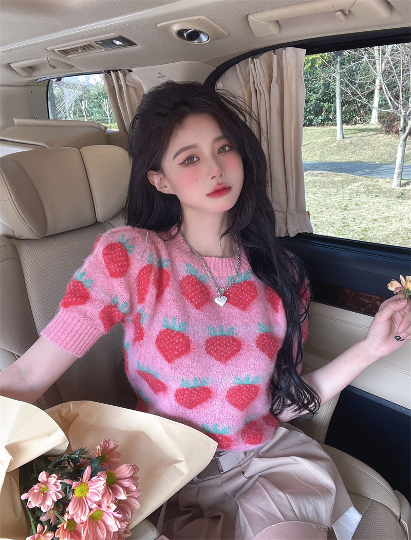 泡泡袖草莓针织衫女夏季2022新款粉色温柔风甜美修身显瘦短款上衣
