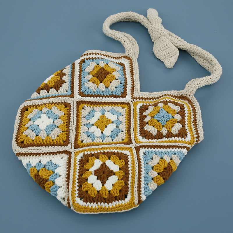 夏季甜美手工编织单肩包 织女毛线钩织祖母方格斜挎包 棕色女包