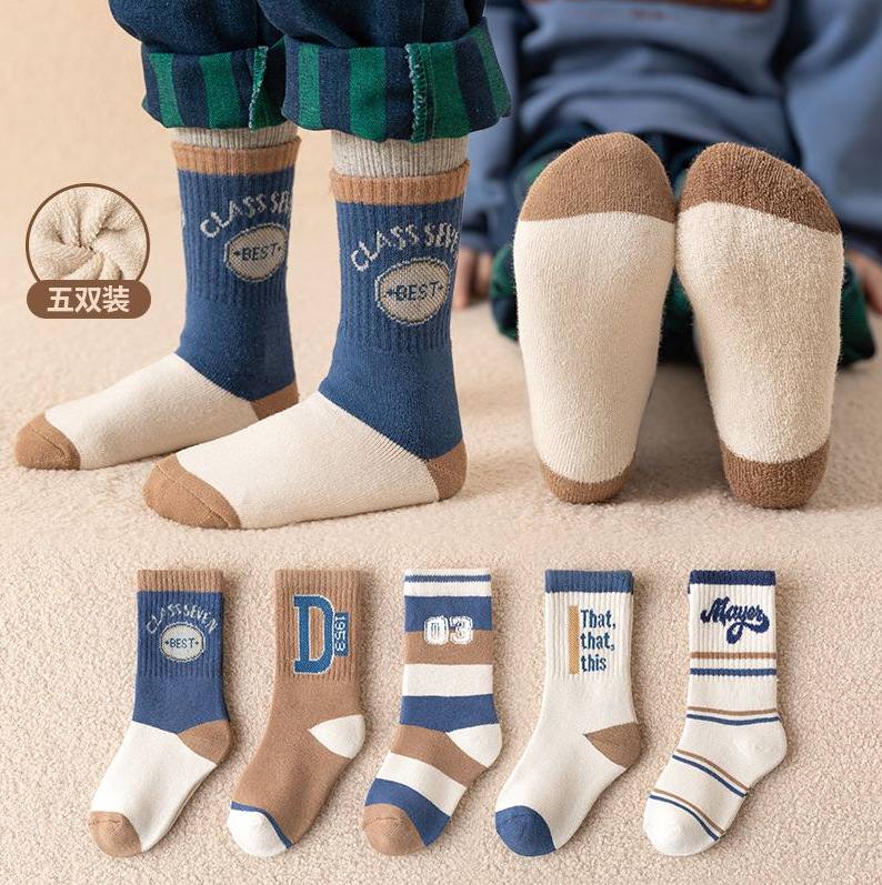 22 Winter Fleece Lined Padded Warm Keeping Heat Storage Boys Terry-Loop Hosiery Ins Mid-Calf Cotton Spot Children's Socks Wholesale