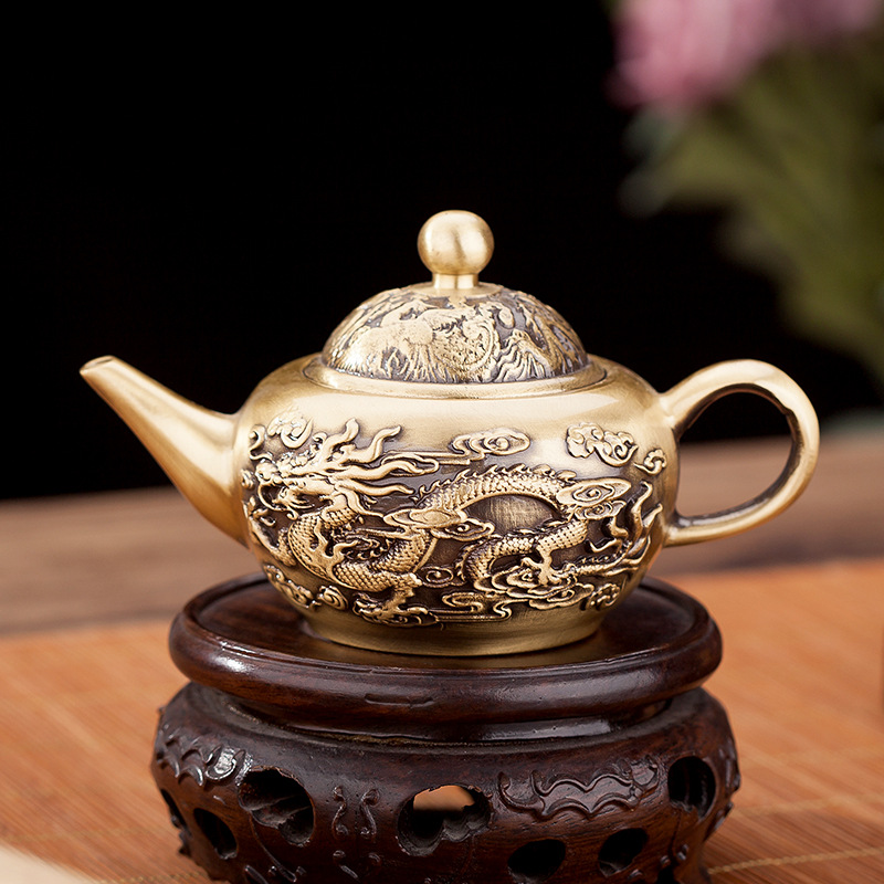 黄铜新款复古龙凤呈祥茶壶办公室桌面家居装饰工艺品摆件小茶壶