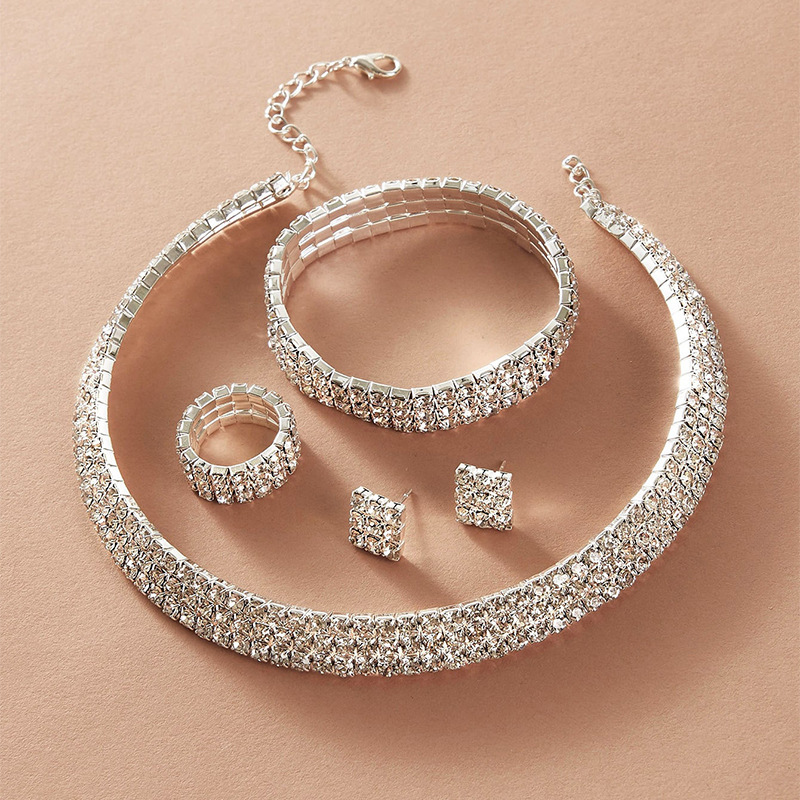 European and American Famous Fashion Necklace Earrings Ring Bracelet Four-Piece Set Full Diamond Three-Row Collar Bridal Set N5593