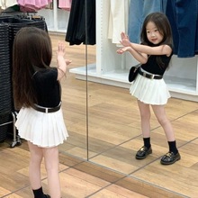 韩系套装2024夏季爆款女童时尚黑色背心上衣清新百褶裙裤潮款套装