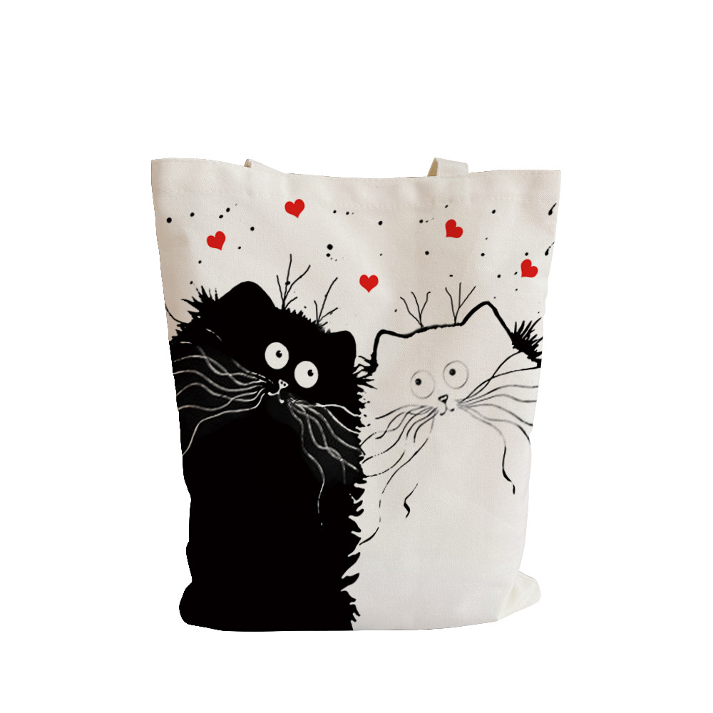 New Black Cat Printed Canvas Bag Handbag Women's Shoulder Bag Beach Bag Large Capacity Shopping Bag Tote