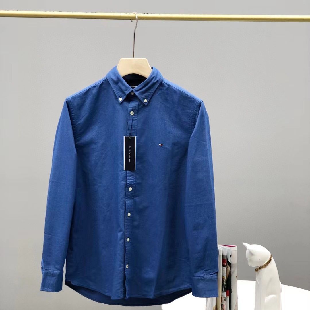 汤米男士小标刺绣衬衫长袖纯色修身休闲商务风tommy 23ss翻领衬衣