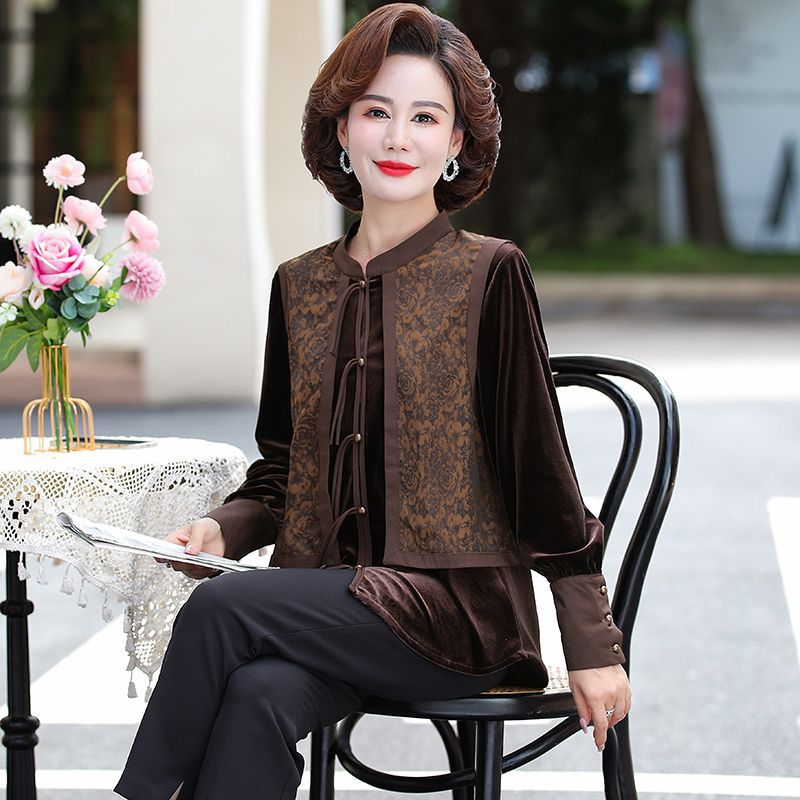 气质妈妈装秋装上衣立领中式金丝绒衬衫宽松中老年女装开衫新款秋