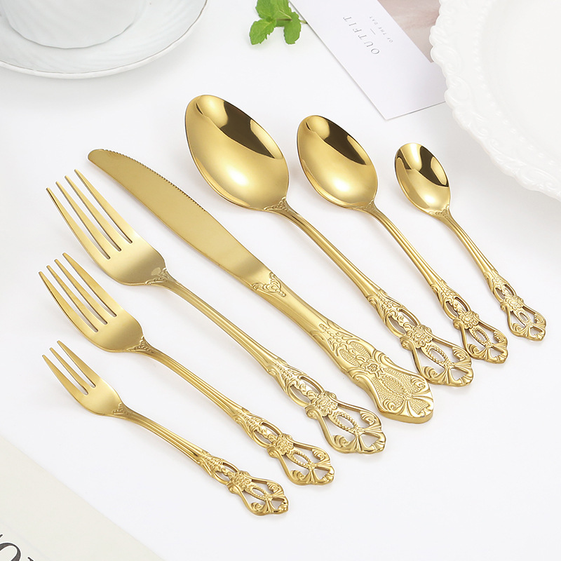 Royal Court 430 Stainless Steel Knife, Fork and Spoon Seven-Piece Cross-Border Relief Retro Western Tableware Set European Steak Knife and Fork