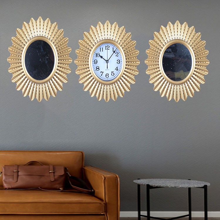 Amazon Hot Selling European and American Triptych Mirror Hanging Noiseless Clock Crafts Clock Golden Wall Clock Wholesale