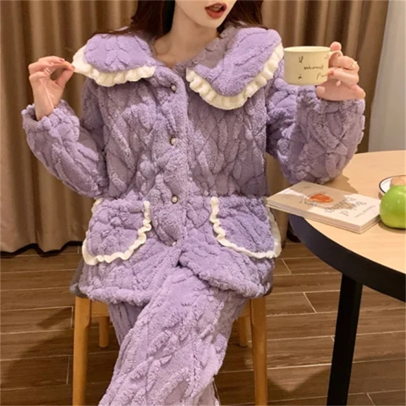 冬款三层夹棉睡衣女士加厚加绒保暖珊瑚绒甜美公主风新款家居服