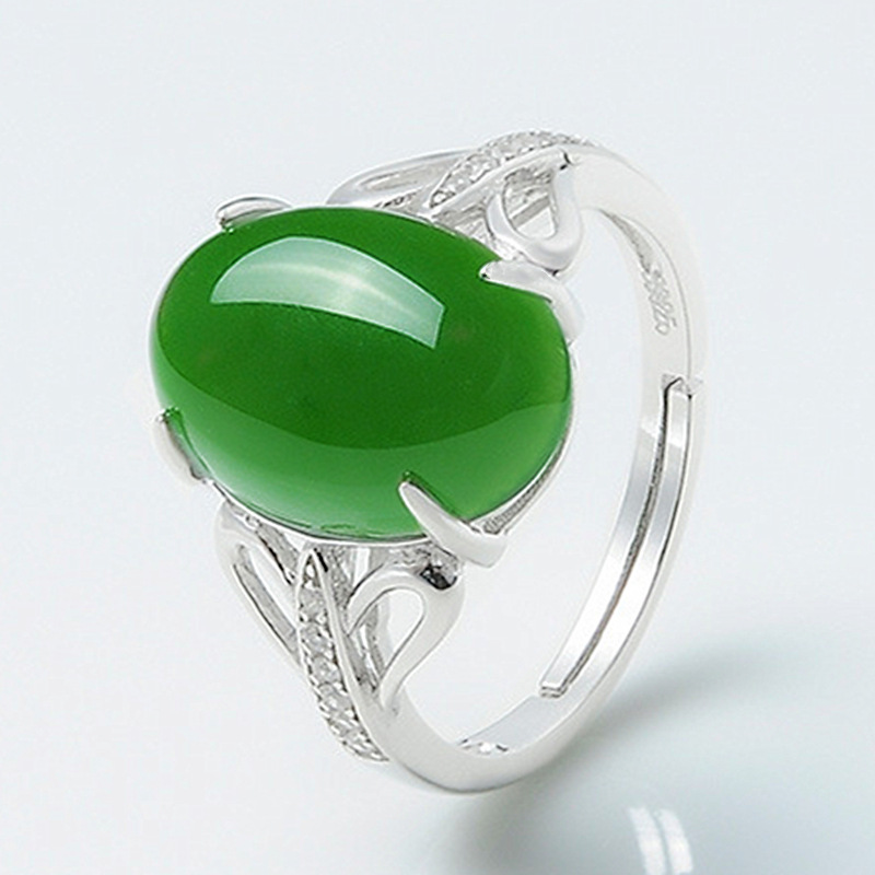 新品创意绿玛瑙开口戒指简约复古镶钻戒指男女玉髓饰品银饰批发
