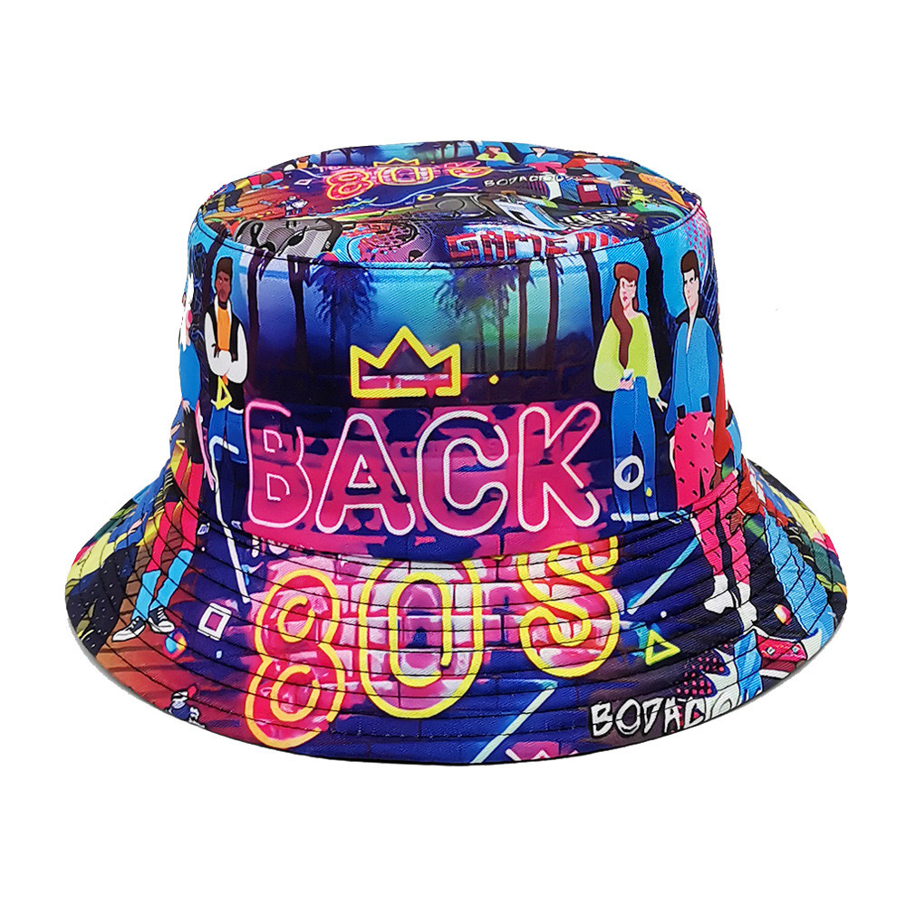 Cross-Border Retro Nostalgic Bucket Hat Female 80S 90S Pattern Letter Printing Bucket Hat Spring and Summer Double-Sided Sun Hat Men