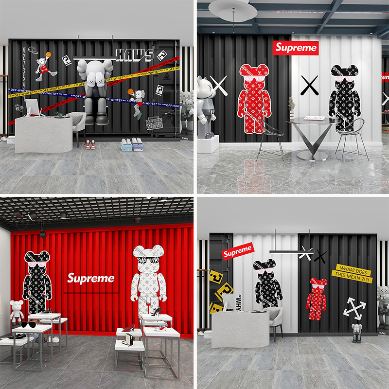 网红kaws公仔壁纸个性暴力熊集装箱墙纸潮牌服装店打卡墙背景壁画