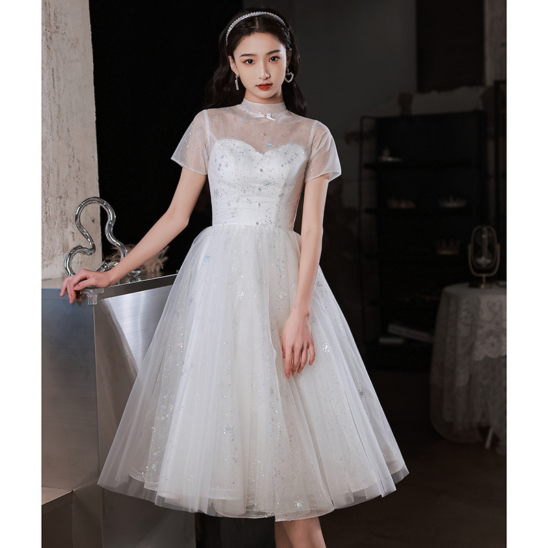 法式晚礼服女白色短款2022年小个子平时可穿生日主持人仙气礼服裙