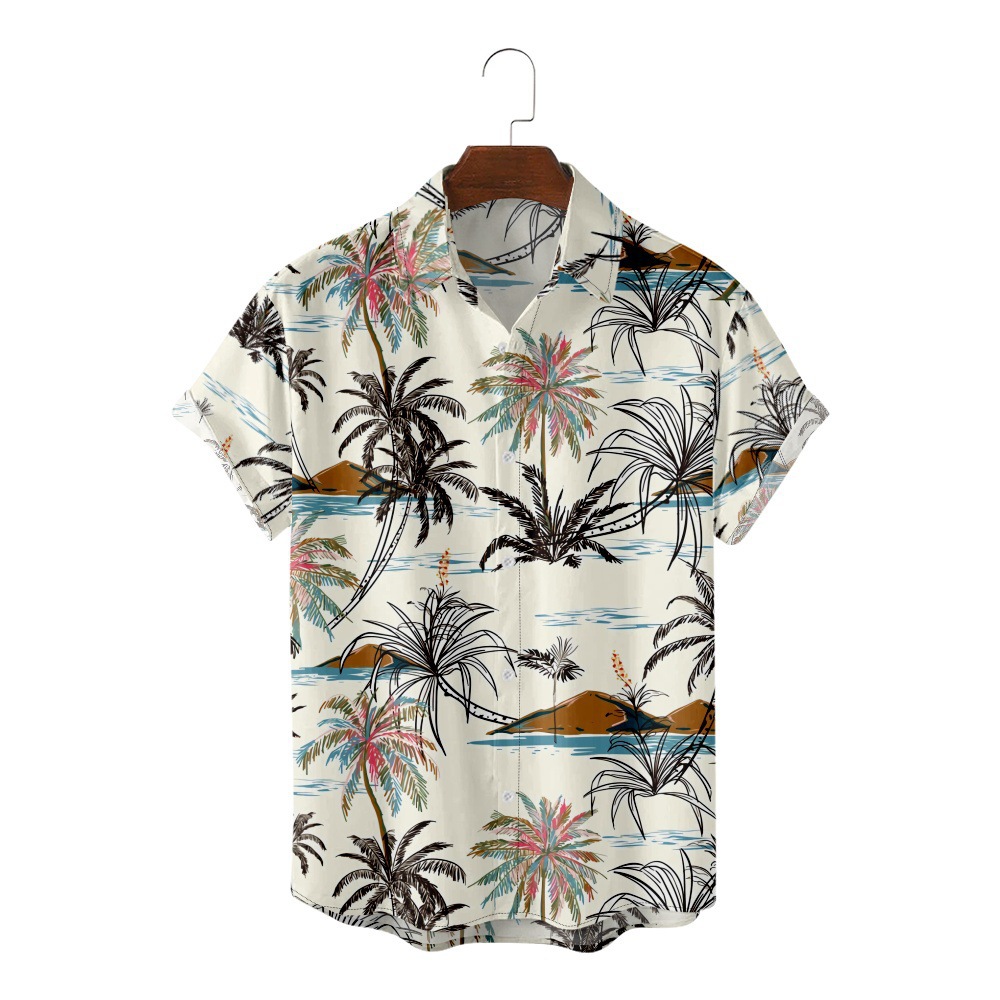 跨境欧美新款夏威夷风格男子短袖上衣沙滩椰树休闲男开衫衬衫男士-阿