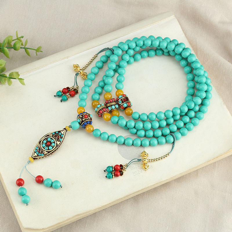 Nepal Imitation Turquoise Long National Style Oblique Necklace Chinese Tassel Multi-Circle Beaded Necklace Back Chain Vintage Accessories