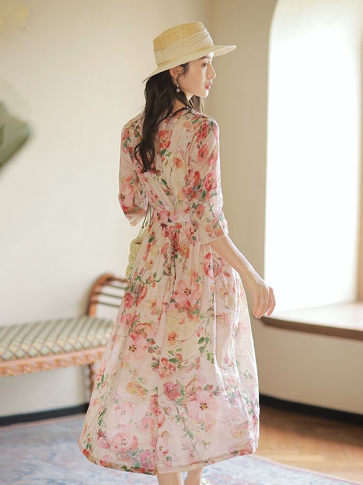 2022 New Ramie Dress Women's Summer Thin Temperament Half Sleeve Floral Cotton Linen Loose Long Dress Children