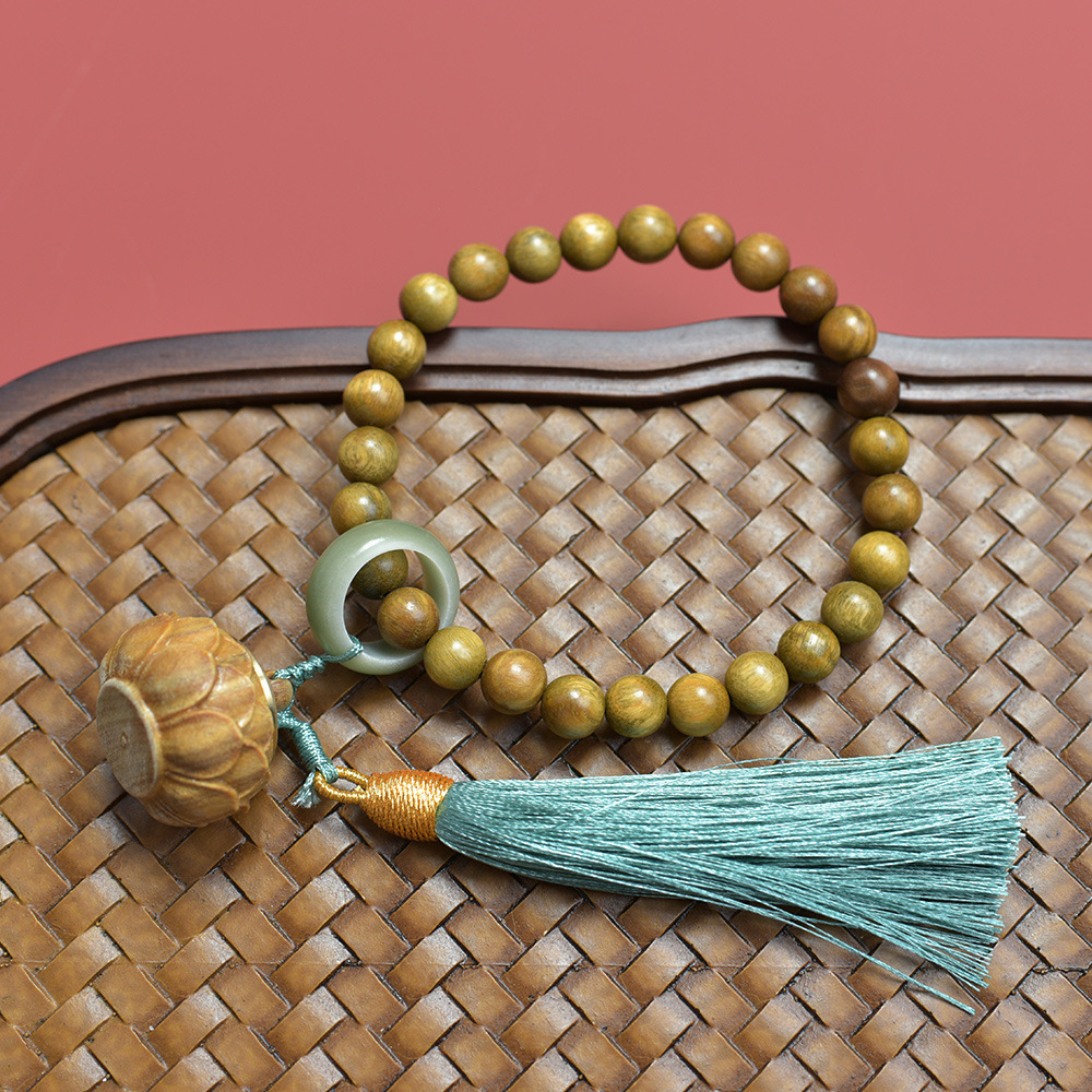 老料绿檀香木手持串文玩diy款雕刻莲花香囊念佛珠男女士装配饰品