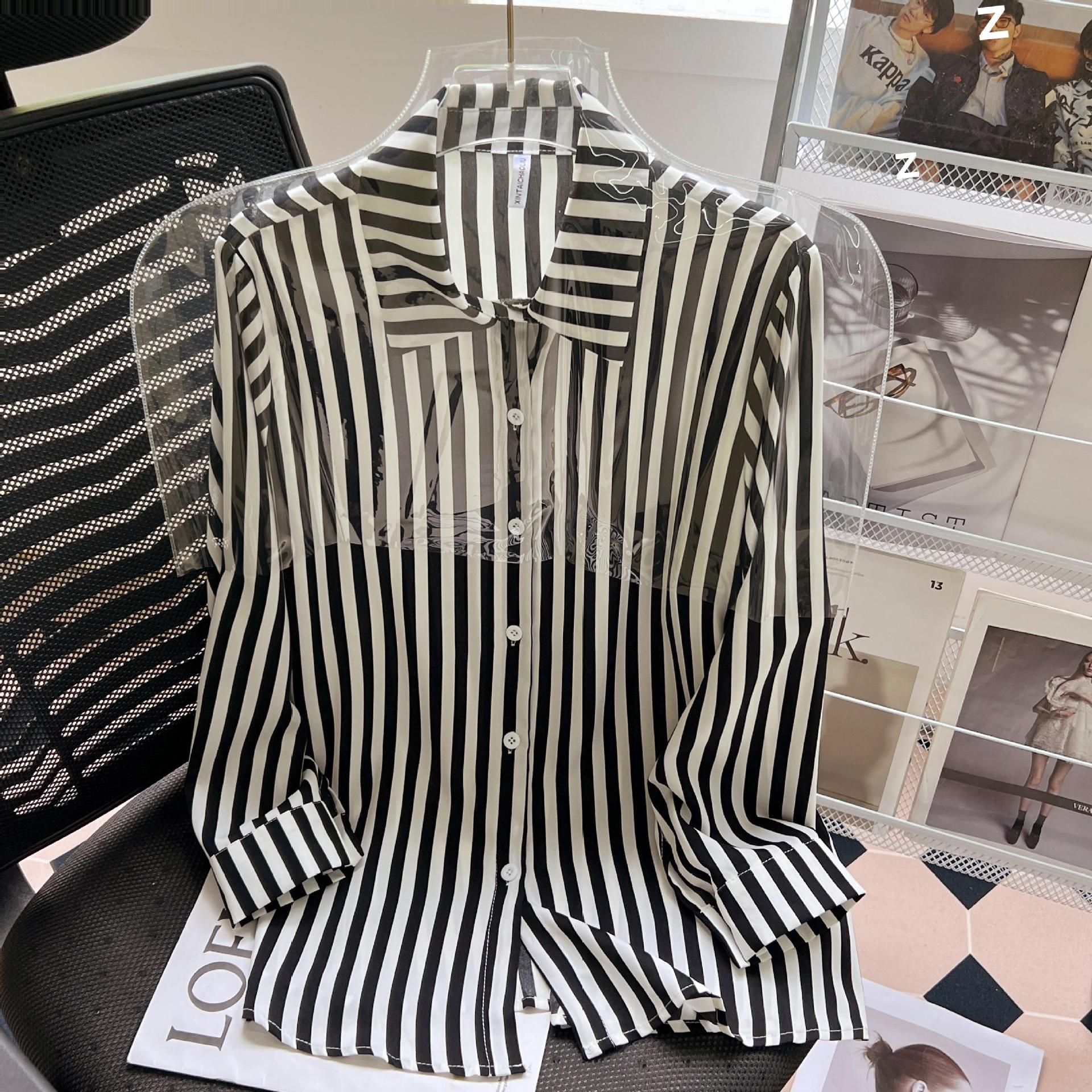 条纹衬衫女2024新款时尚百搭宽松黑白竖条外穿衬衫-阿里巴巴