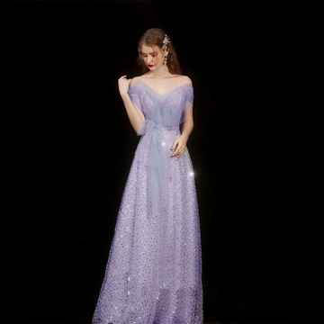 蓝色主持人晚礼服星空钉珠超仙轻奢高定敬酒服年会一字肩模特走秀