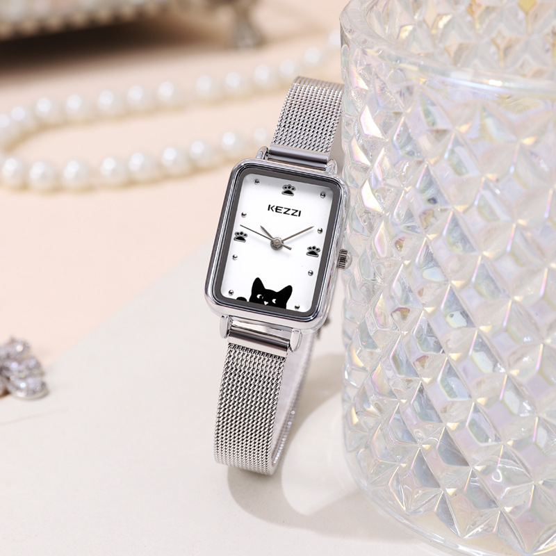 kezzi可爱喵咪网带手表女方表盘简约学生网红高级感防水学生女表