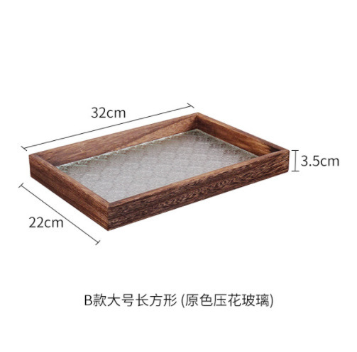 Creative Wooden Rectangular Begonia Embossed Glass Plate Tea Tray Solid Wood Photography Props Rectangular Storage Plate Dish