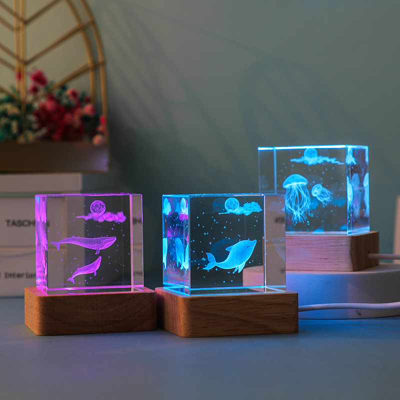 水晶球立方体摆件海洋系列小夜灯木质发光底座玻璃水晶柱节日礼品