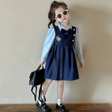 2024春季新款女童洋气学院风假两件连衣裙韩版宝宝时髦拼接公主裙