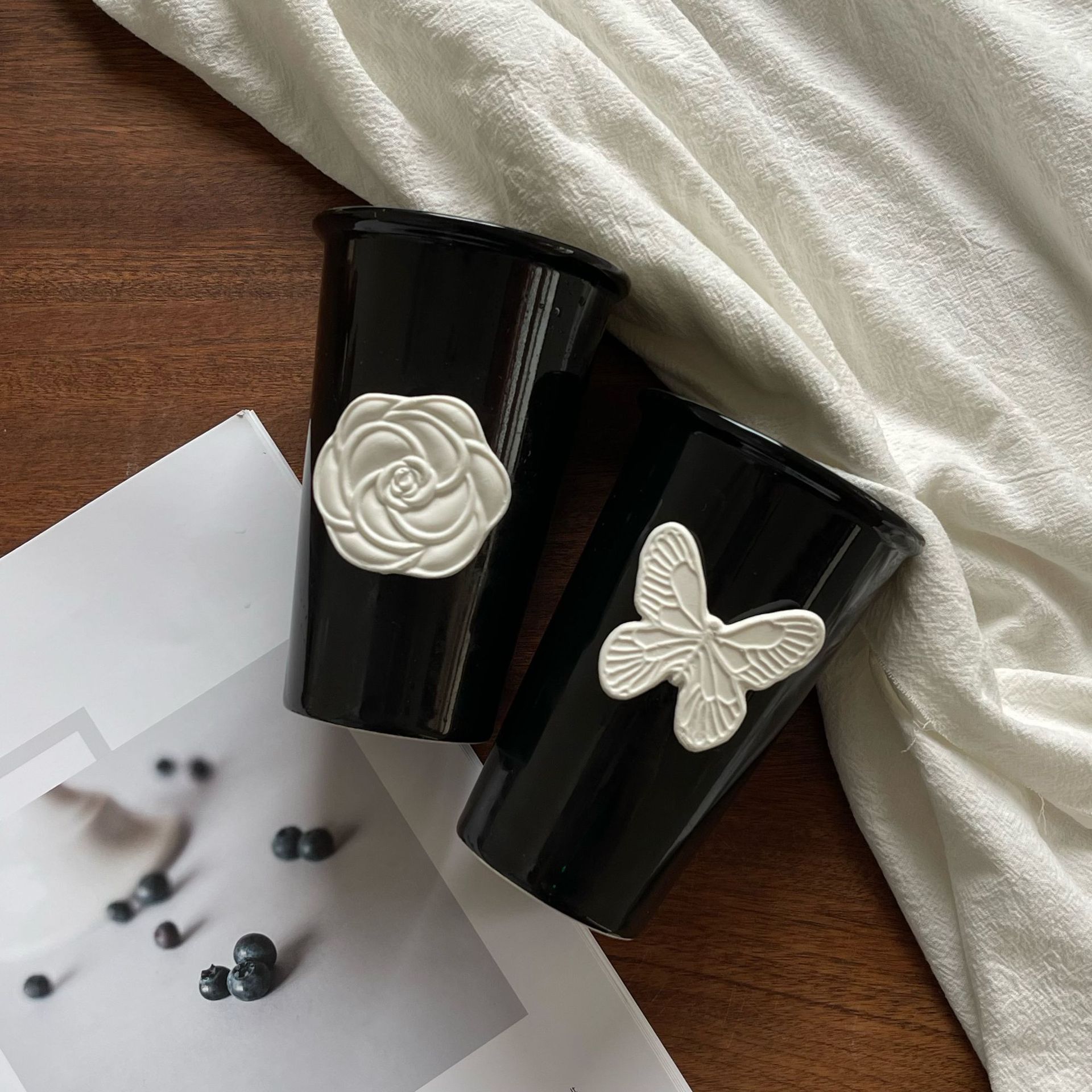 法式 复古立体蝴蝶 山茶花陶瓷杯咖啡杯水杯茶杯手握杯高颜值杯子