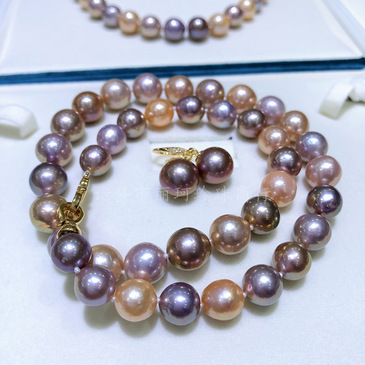 新品9-11mm糖果色彩色珍珠项链搭配11-12mm紫色圆珠耳环 带礼盒
