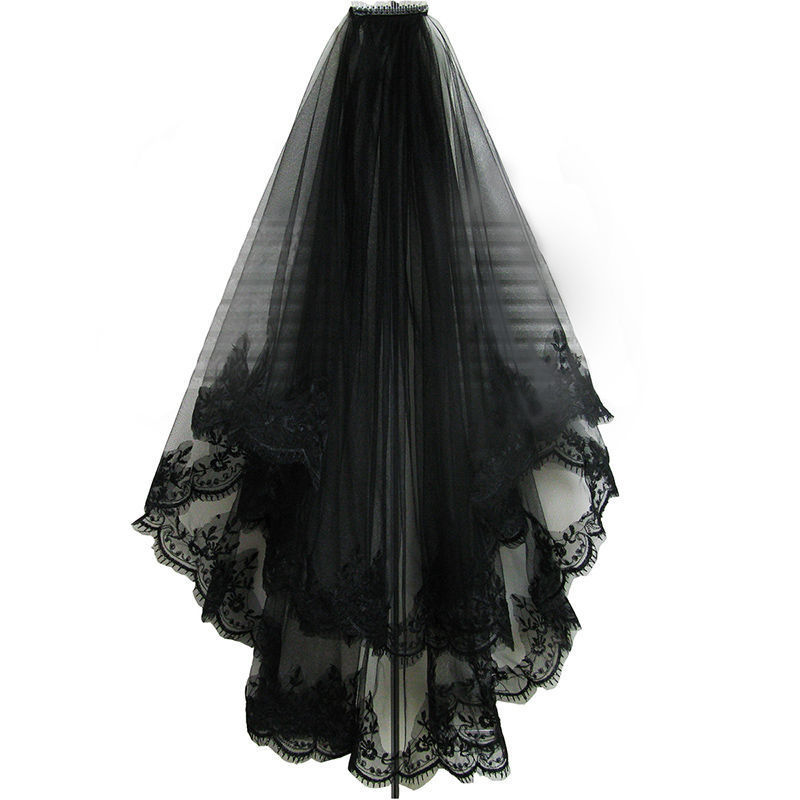 黑色头纱洛丽塔cos动漫蕾丝花边网纱暗黑鬼新娘婚服头饰独立站