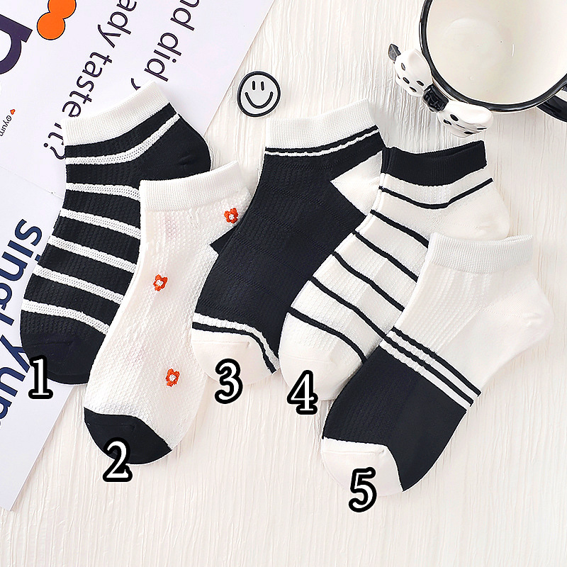 Socks Women's Boat Socks Factory Wholesale Cotton Socks Striped Japanese Short Socks Black and White Three-Dimensional Summer Thin Ins College