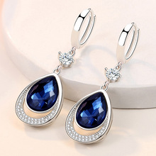 蓝水晶耳环新款潮轻奢设计感水滴耳坠韩式耳扣女耳饰